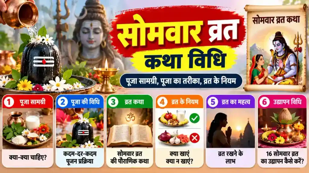 16 सोमवार व्रत कथा विधि: पूजा, नियम और कथा 1 सोमवार व्रत कथा विधि: पूजा, नियम और कथा
